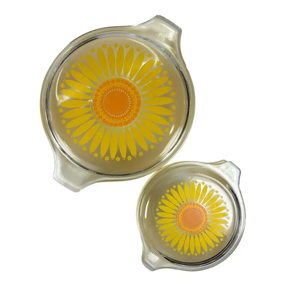 Vintage Pyrex Yellow Sunflower Daisy 475 473 Casserole Dish w/ Lids 2.5 Qt 1 Qt